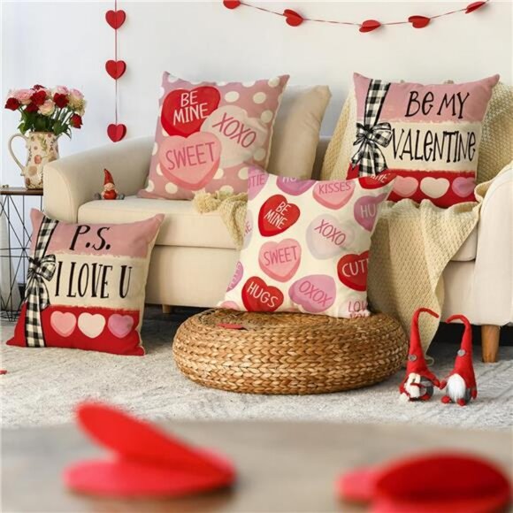 Lovely Be My Valentine Red Candy Heart Throw  4 Pillow Covers, 18 x 18 - Picture 2 of 7